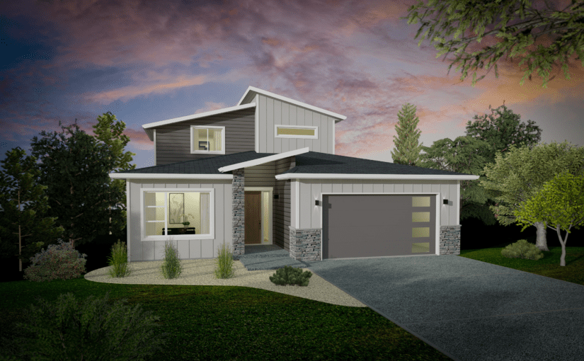 The Akino house plan. A house with a driveway and trees - Dilworth Homes