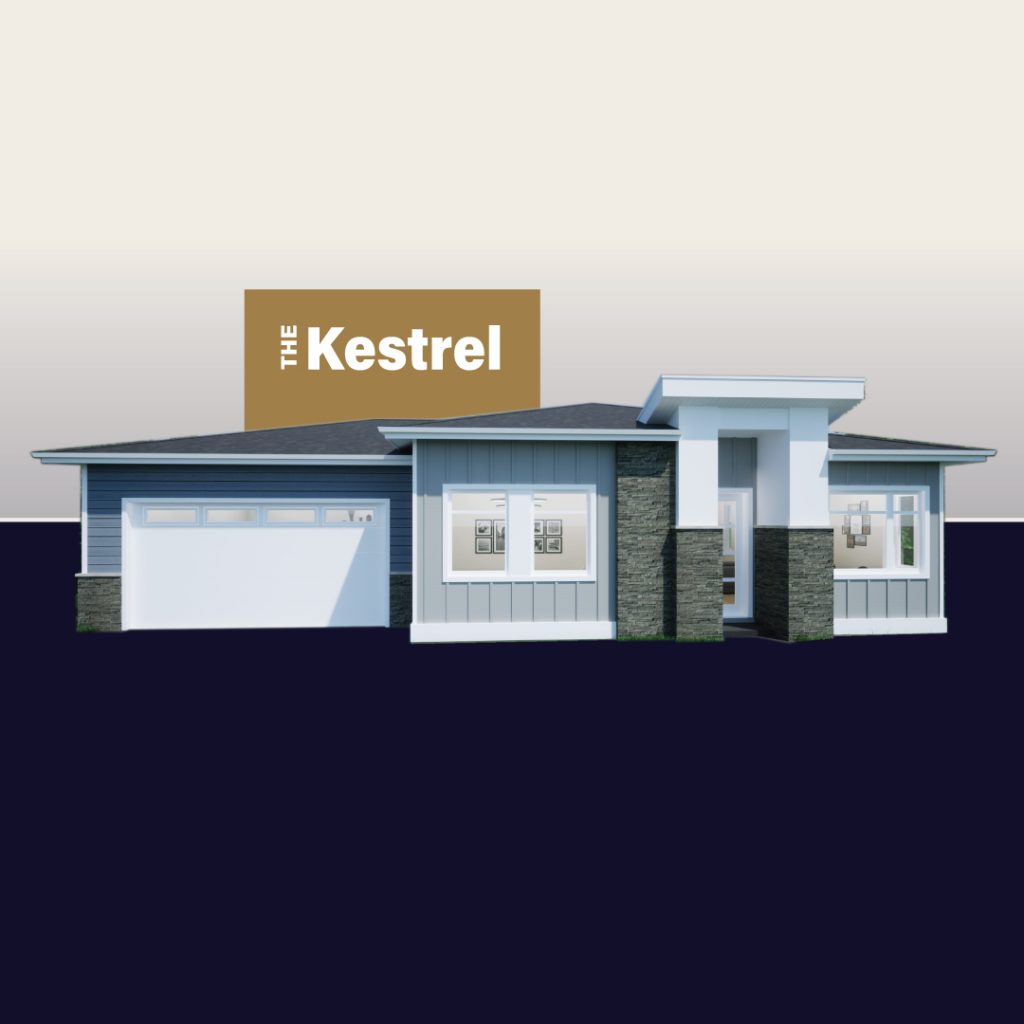 A modern, single-story house with a flat roof and a sign reading "The Kestrel" above it. The house has large windows, a two-car garage, and a mix of white and dark exterior finishes.
