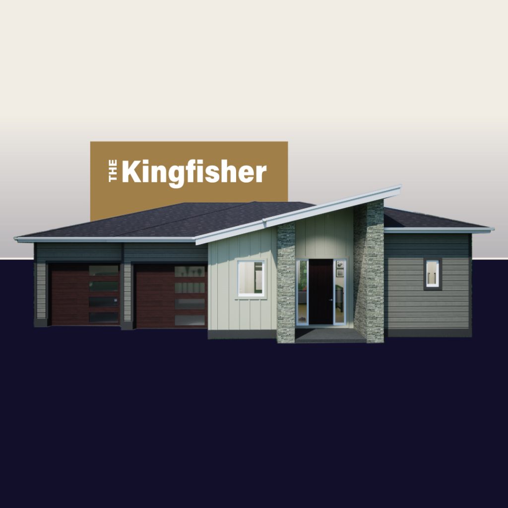 Front view of a modern, single-story house with a flat roof, stone and wood exterior, large windows, and a double garage. Text above reads "The Kingfisher.