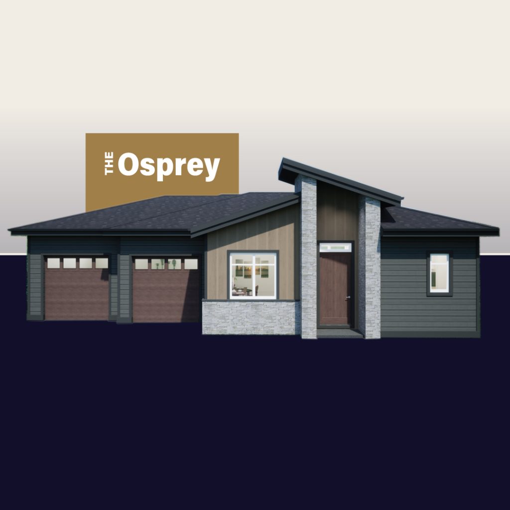 A modern single-story house with a sloping roof, large garage, and a mix of dark and light exterior panels. A sign in the background reads "The Osprey.